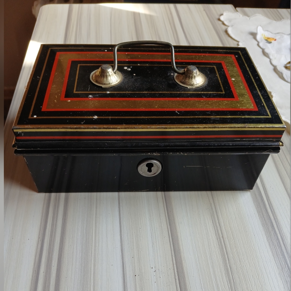 Vintage Chad Valley Harnorne No 10017 Black Striped Small Metal Memory Money Box
